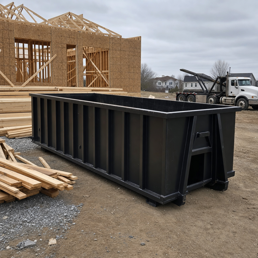 Matte-black 40-yard roll-off dumpster staged on a framed-out residential construction site in Independence, framing lumber stacked nearby, hooklift delivery truck visible in the background under bright Colorado daylight