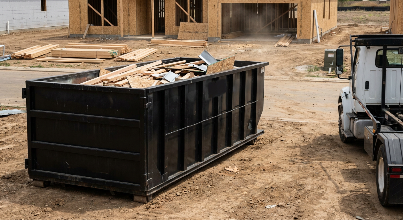 Matte-black 20-yard roll-off construction dumpster with heavy ribbed steel sidewalls and swing rear doors at a working jobsite in Independence, sitting directly on compacted dirt with an unmarked white hauler partially visible at the far edge of the frame.