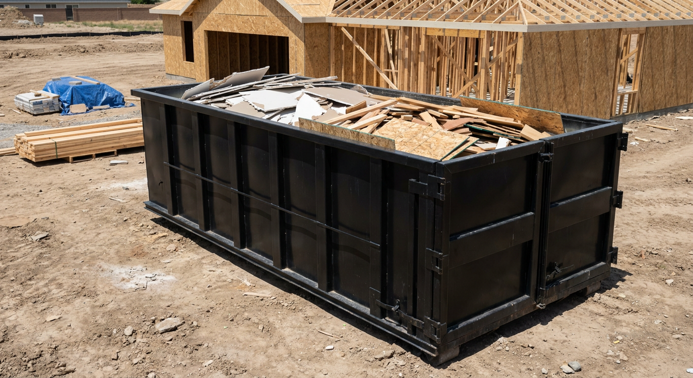 Matte-black 30-yard roll-off construction dumpster sitting directly on the compacted-dirt site of a framed single-family home build in Independence, drywall and lumber scrap loaded inside.