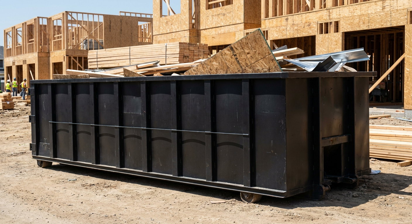 Matte-black 40-yard roll-off construction dumpster being lowered from a white-cab hooklift delivery truck onto the compacted-dirt jobsite at a commercial build site in Independence