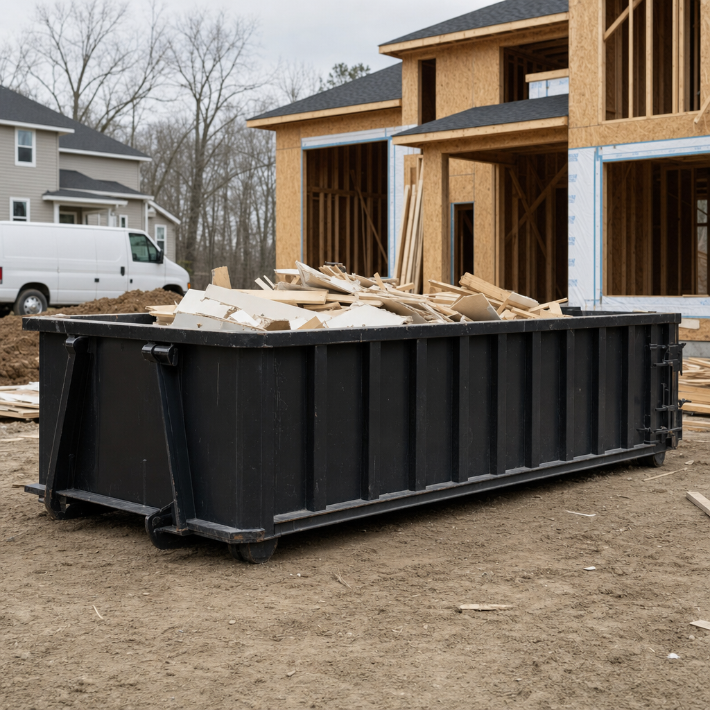 Worker in a yellow high-visibility vest tossing framing lumber and broken drywall into a matte-black 30-yard construction roll-off dumpster on an active build site in Independence, bright daylight