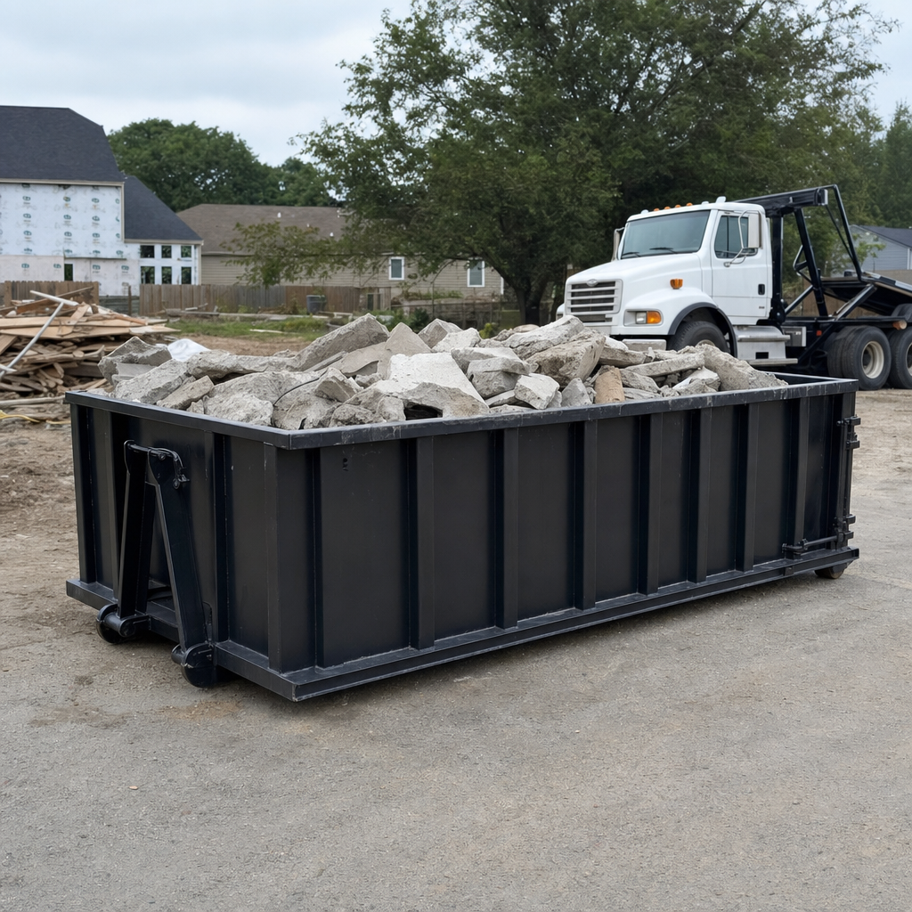 Low-profile matte-black lowboy roll-off dumpster loaded with broken concrete slab and rebar at a foundation tear-out in Independence, skid steer parked beside it, sunny Colorado morning