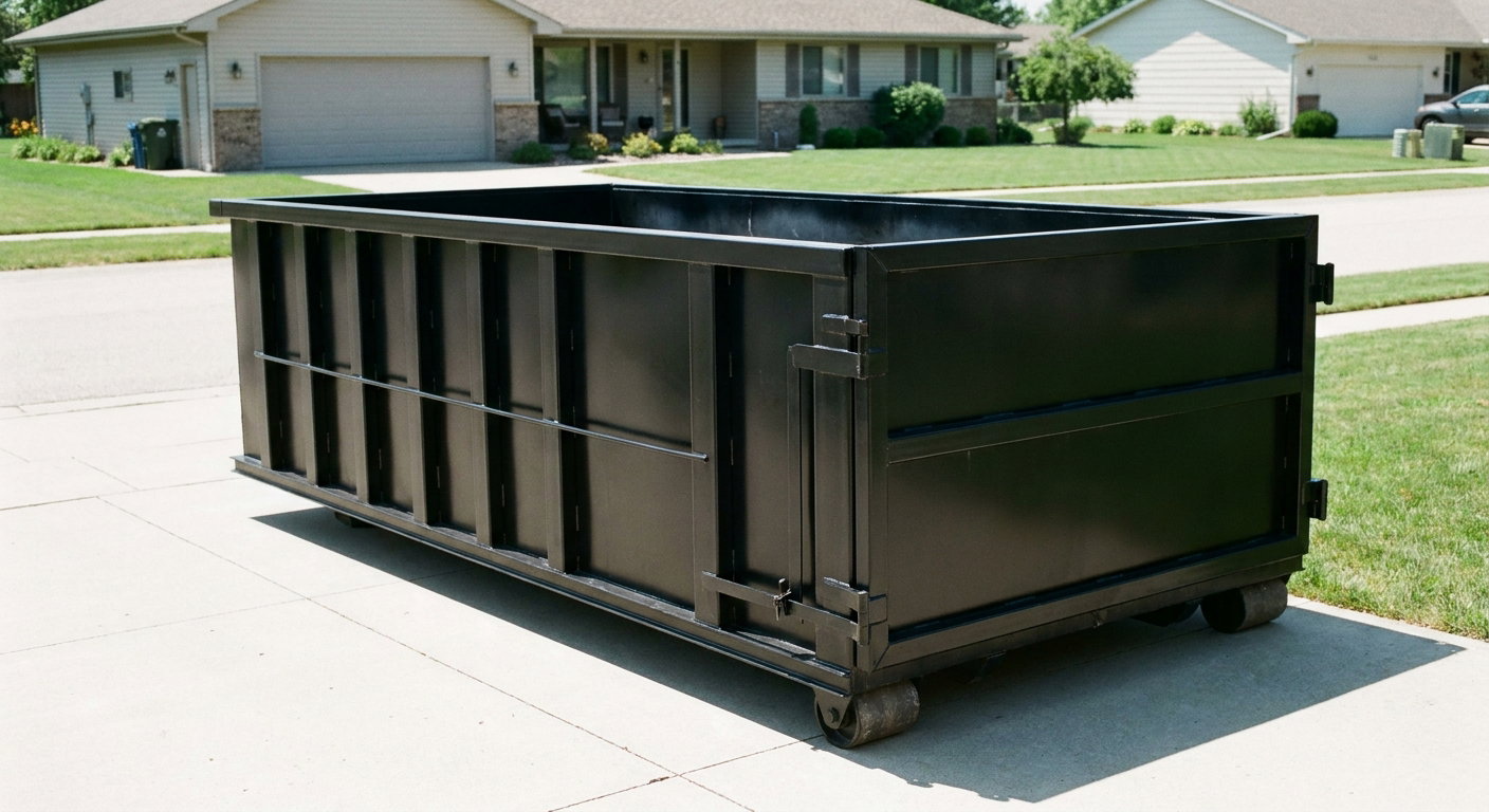 Matte-black 10-yard roll-off dumpster on a residential concrete driveway in Independence, uniformly painted matte black across every panel and rail, ribbed steel sidewalls and rear swing door visible, mid-day daylight.