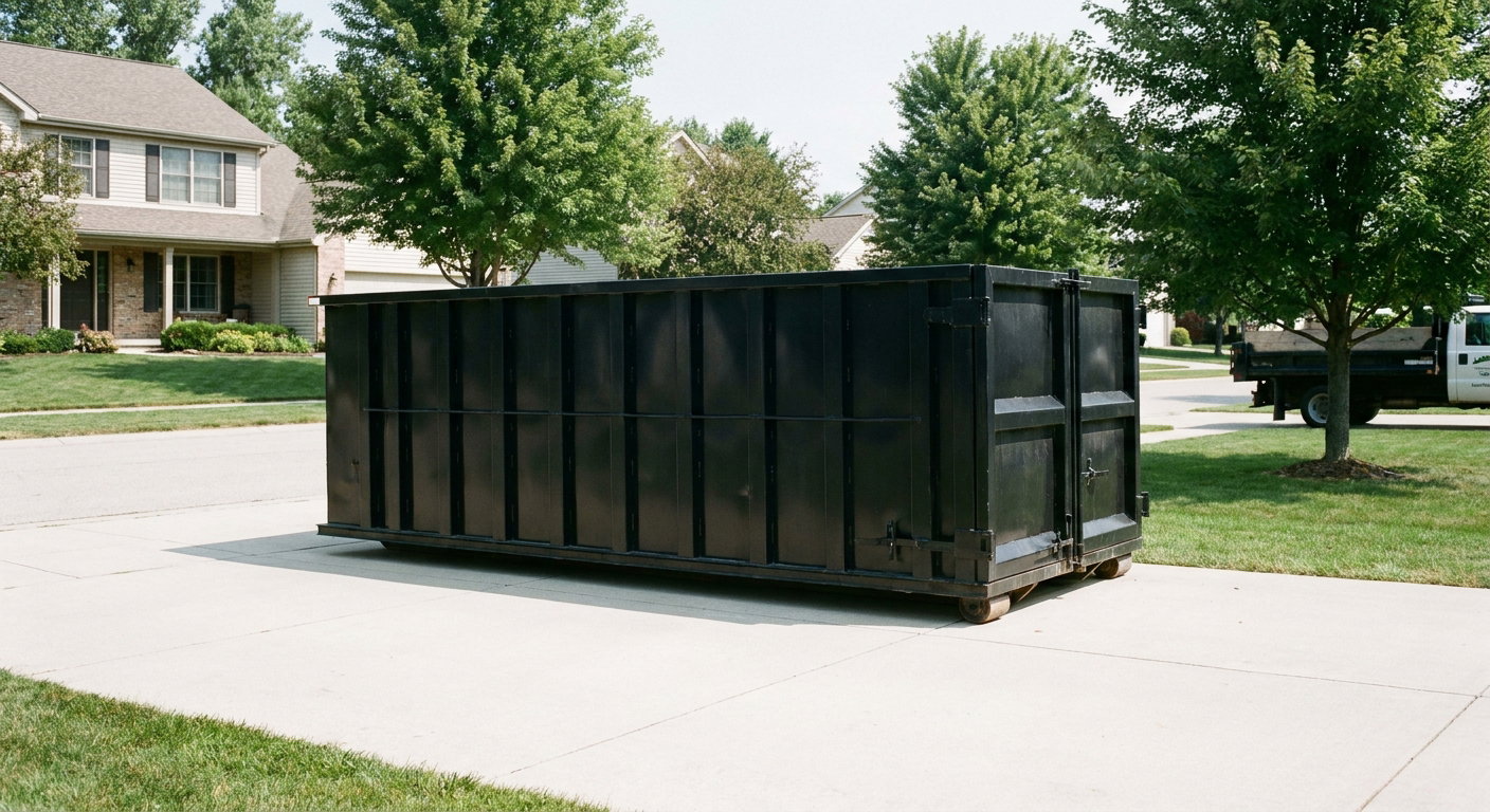 Matte-black 20-yard roll-off dumpster sitting level on a clean Independence residential concrete driveway under bright daylight, demonstrating clean placement directly on the concrete.