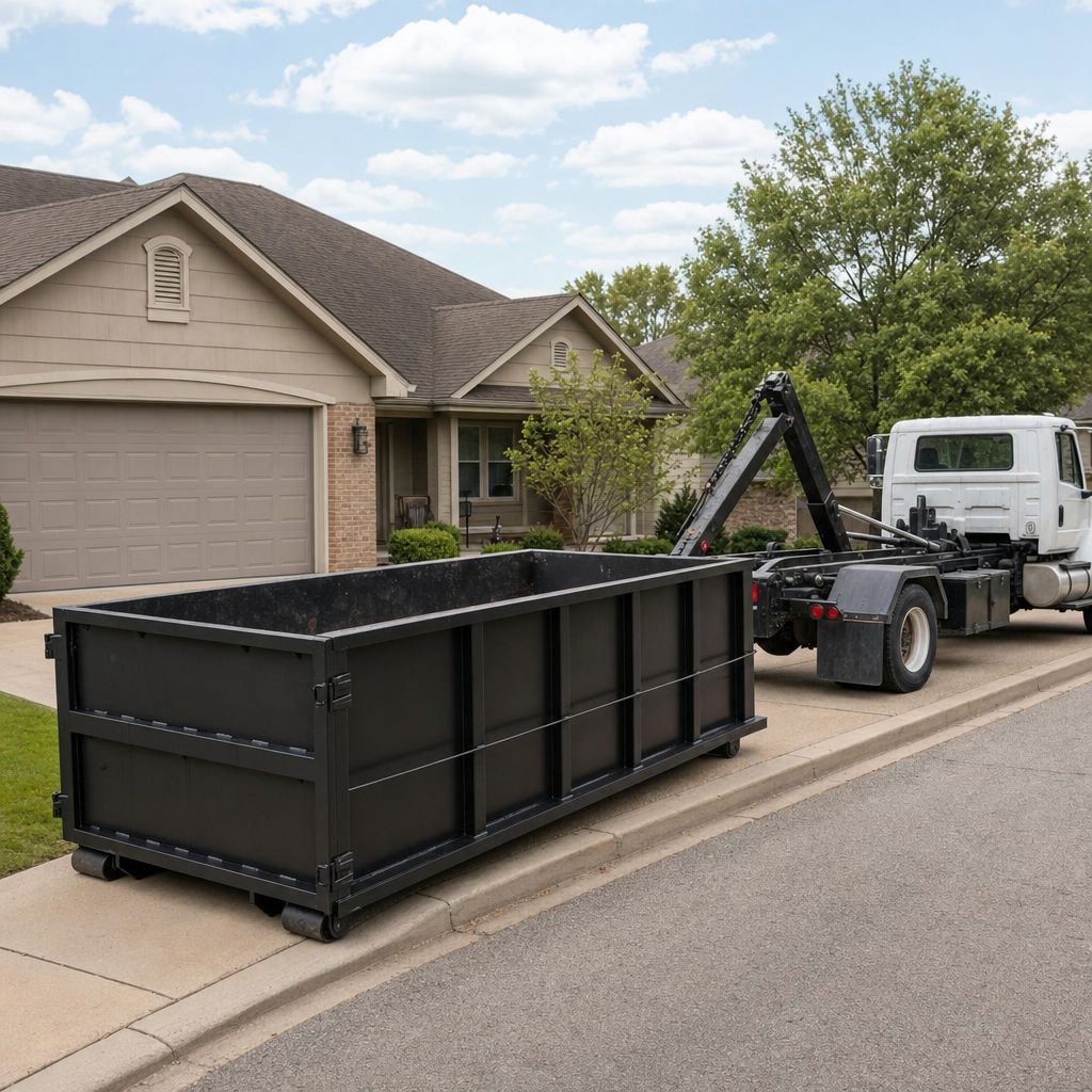Wide documentary shot of a matte-black roll-off dumpster on a Independence residential driveway in the foreground and a contractor jobsite container in the soft-focus background, bright daylight, calm and orderly composition.