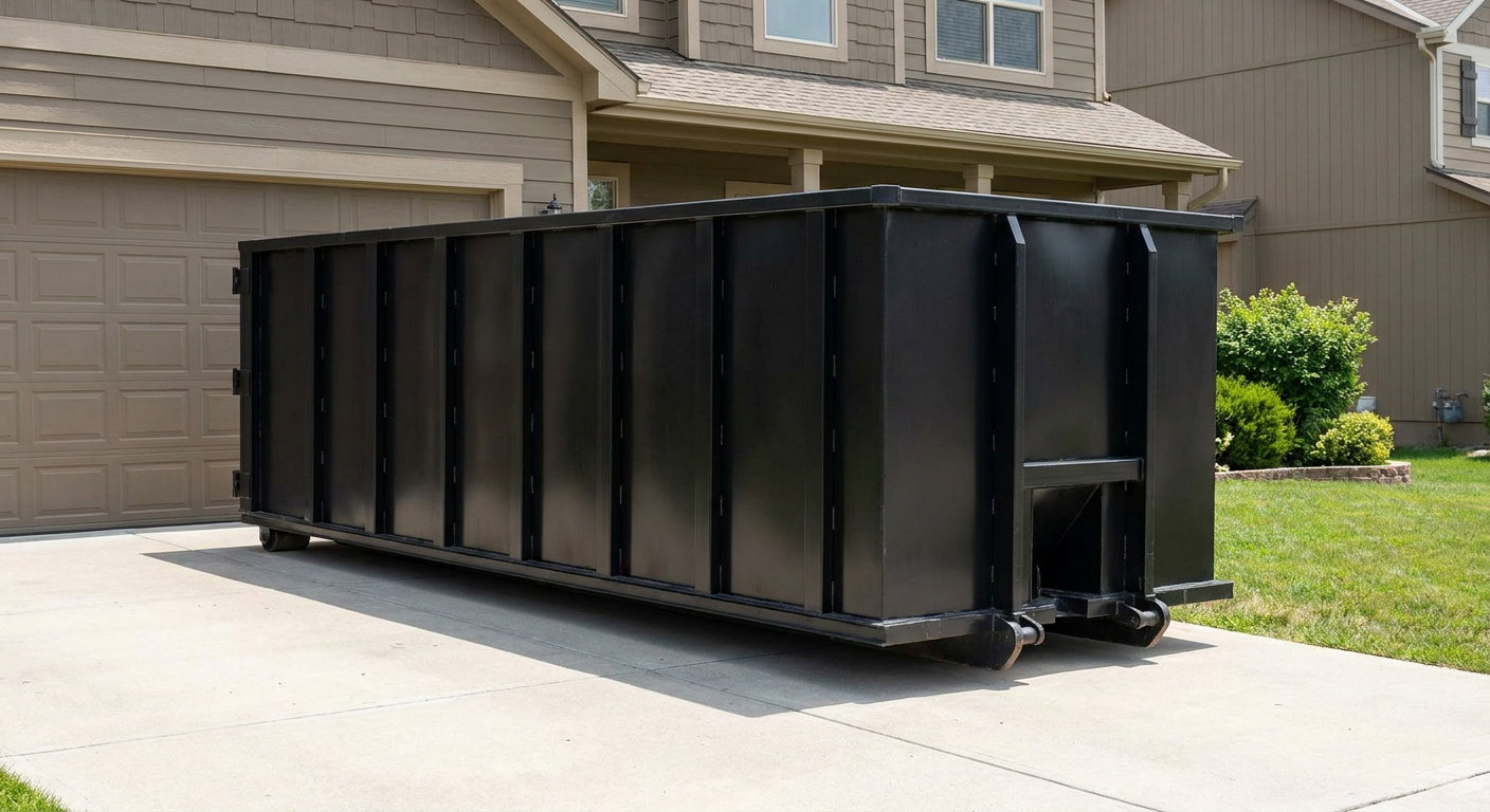 Matte-black residential roll-off dumpster sitting directly on a suburban Independence concrete driveway, garage door closed, single-family home in background, bright morning daylight.