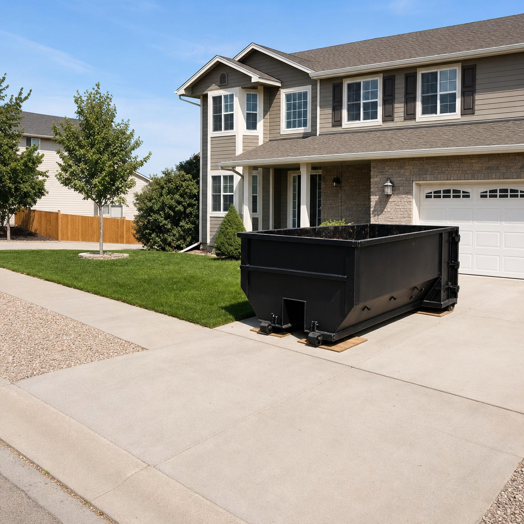 10-yard matte-black residential dumpster placed directly on a narrow Independence concrete driveway, room remains for a parked sedan beside it, mid-morning natural light