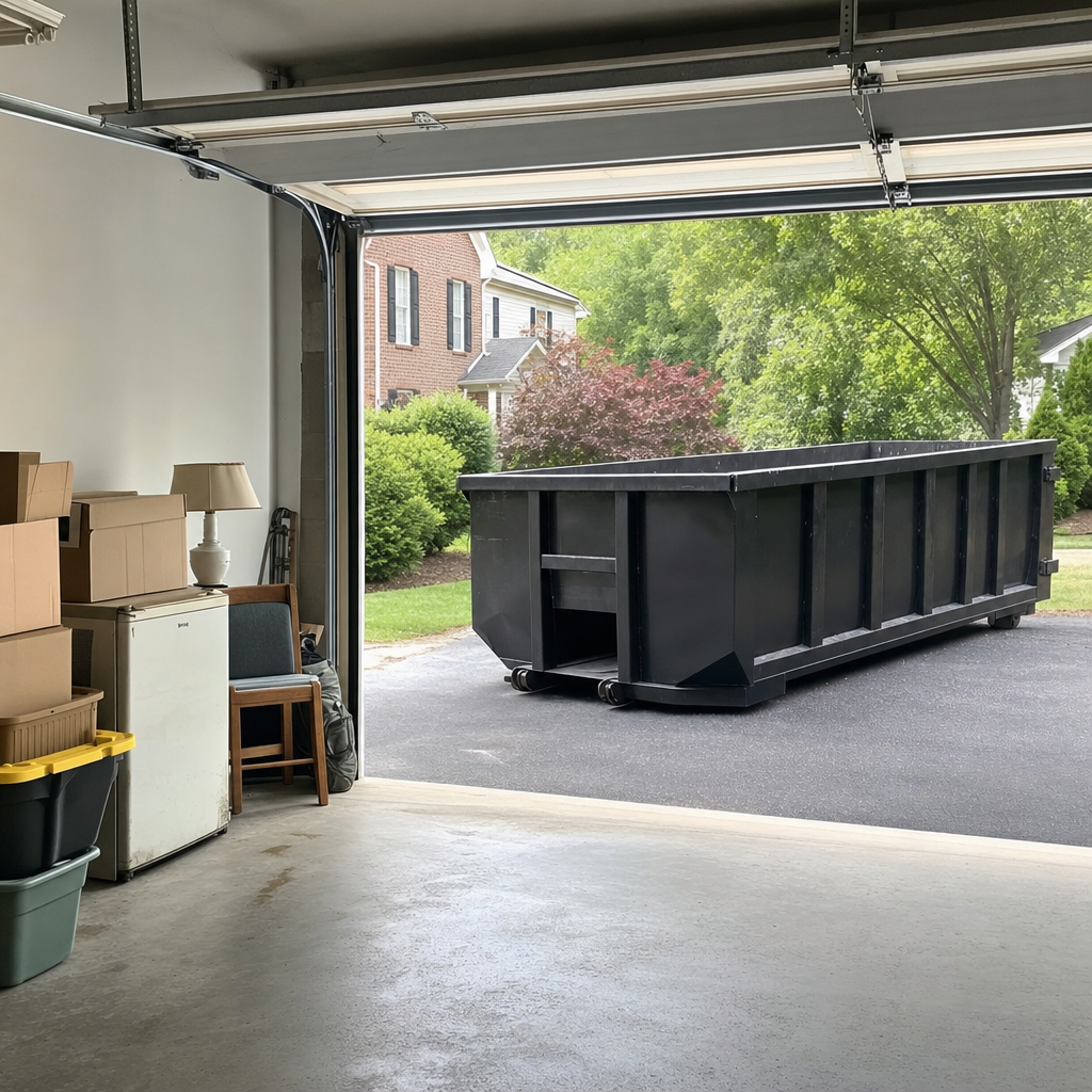 Open garage interior in a Independence home mid-cleanout — boxed items, an old appliance, and stacked yard tools queued near the driveway for a matte-black roll-off dumpster, organized and calm