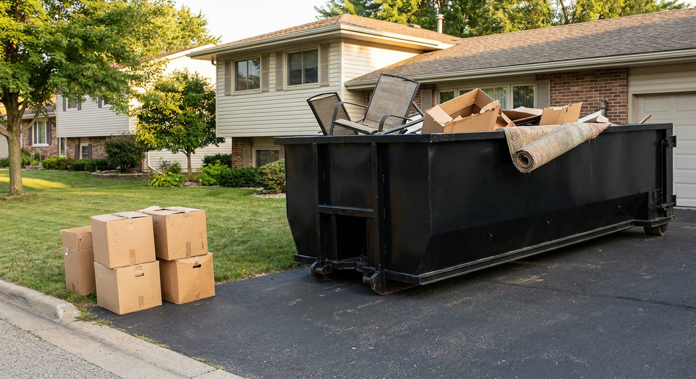 Front-yard view of a Independence split-level home with a 20-yard matte-black roll-off dumpster sitting directly on the asphalt driveway, a few clearly labeled donation boxes staged at the curb, calm sunny afternoon.