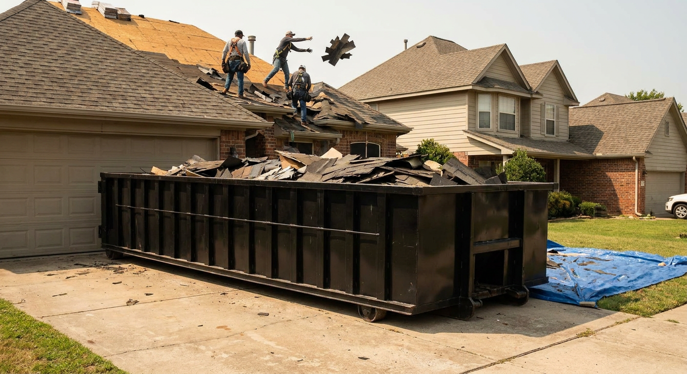 Matte-black roofing roll-off dumpster placed directly on a Independence residential concrete driveway, a tear-off crew on a two-story asphalt-shingle roof tossing shingle bundles into the low-walled container, bright daylight, documentary 35mm perspective.
