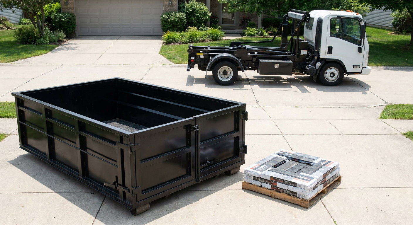 Matte-black 15-yard roofing roll-off dumpster with reinforced low side walls sitting directly on a Independence residential concrete driveway, three-tab asphalt shingle bundles stacked nearby, an unmarked white hauler truck partially visible at the edge of the frame.
