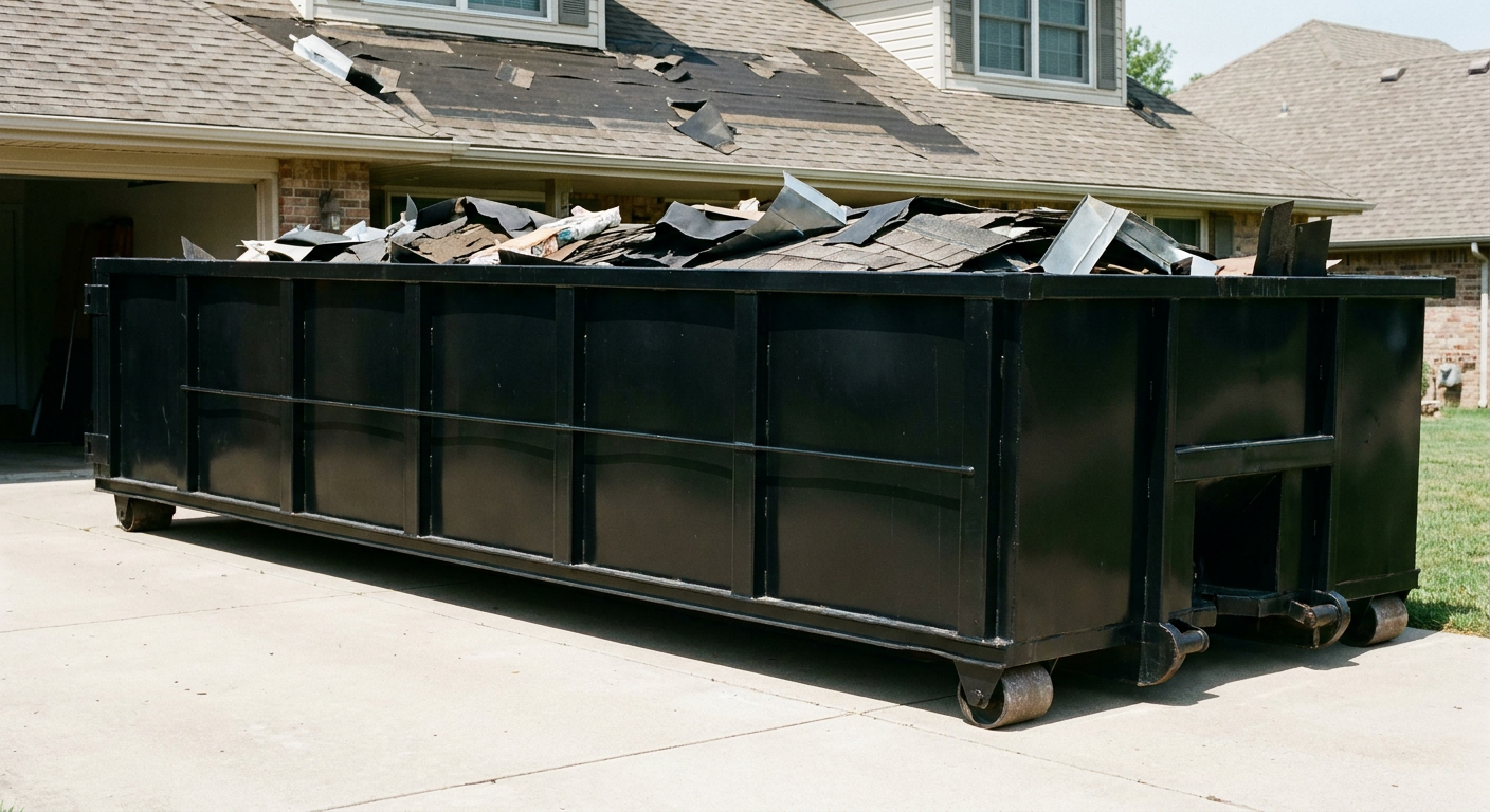 Matte-black 20-yard roofing roll-off dumpster with steel ribbed sides and swinging rear door, sitting directly on the concrete driveway of a two-story Independence home, asphalt shingle debris being loaded over the low wall, clean documentary lighting.