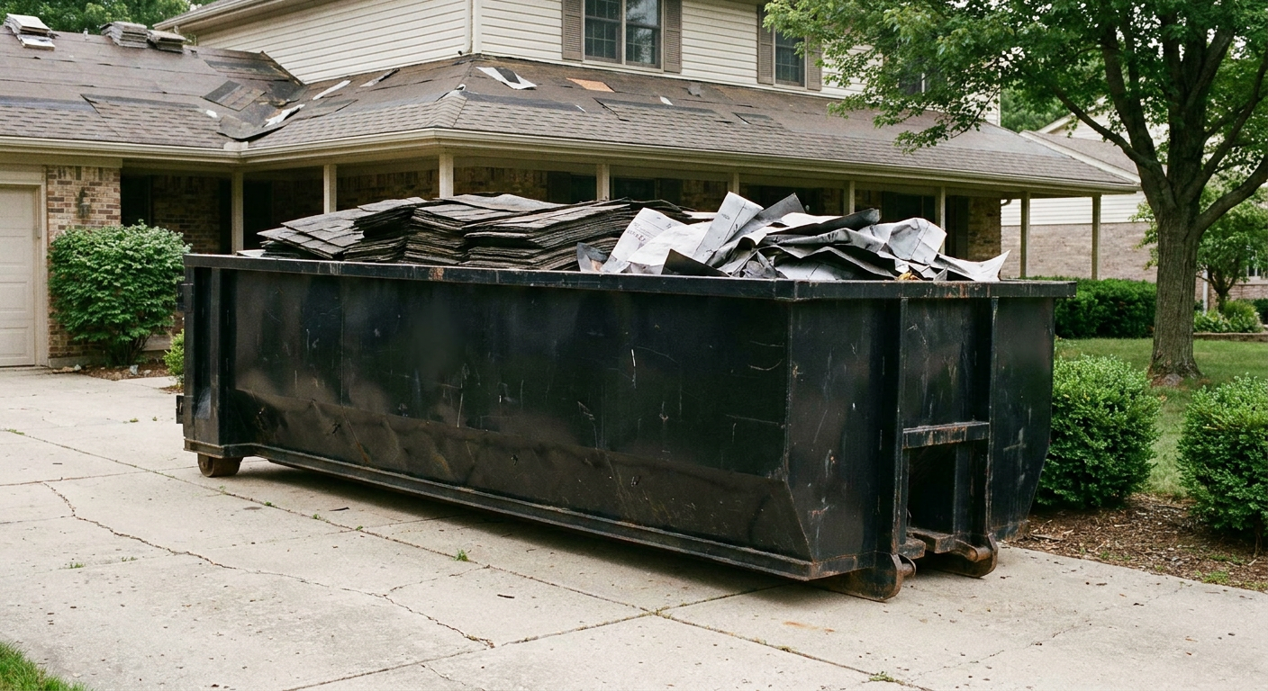 Matte-black 30-yard roofing roll-off dumpster sitting directly on a Independence concrete driveway, taller ribbed steel side panels, mixed tear-off debris of asphalt shingles and underlayment inside, professional documentary daylight.