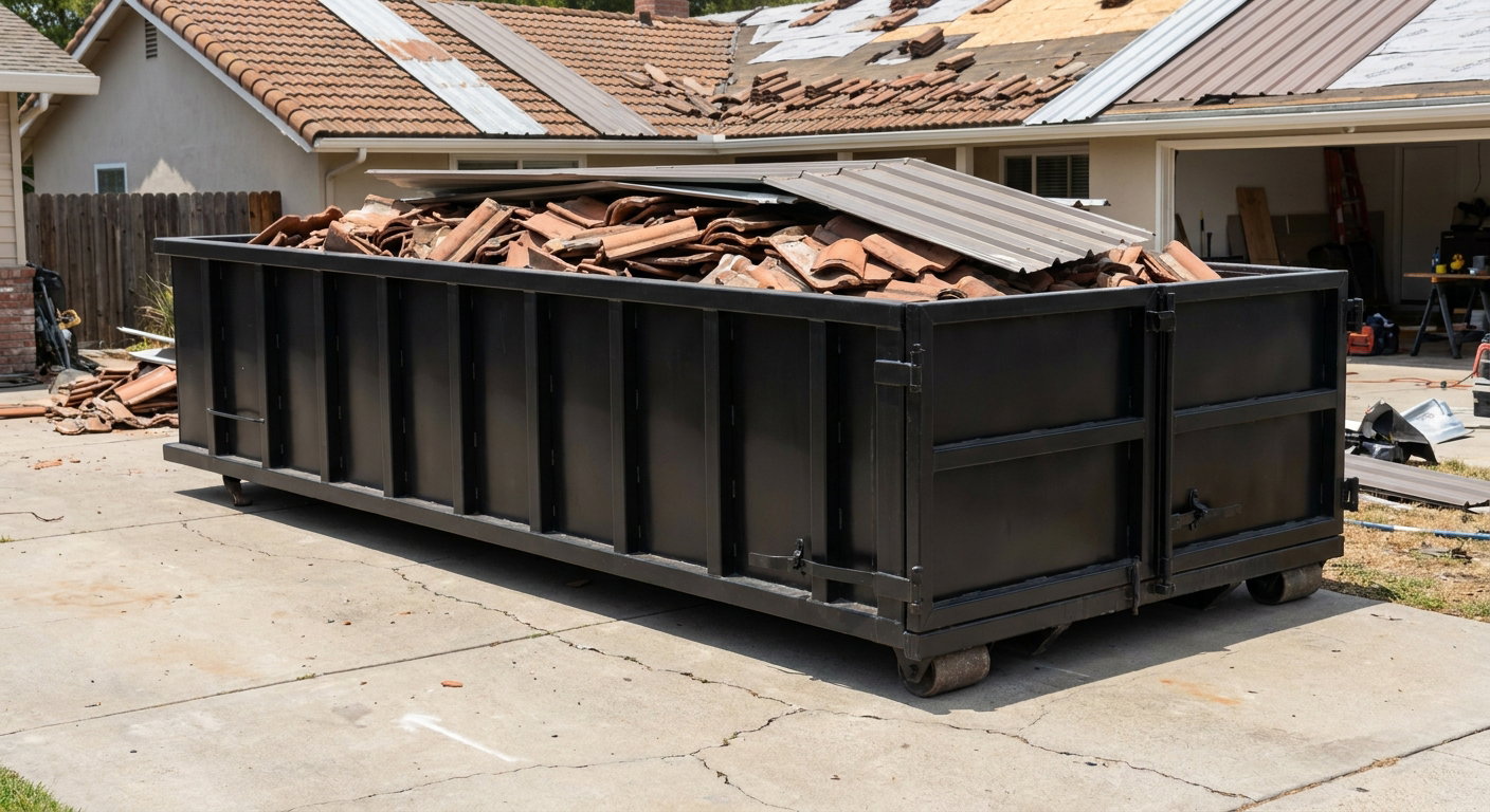 Matte-black low-wall heavy-debris roofing roll-off dumpster sitting directly on a Independence concrete driveway, broken concrete clay roof tiles and metal panel sections loaded inside, reinforced ribbed steel side walls visible, bright outdoor daylight.