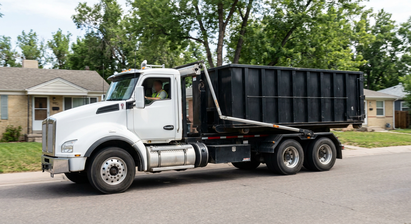 A wide documentary shot of a matte-black roll-off delivery truck pulling onto a quiet Independence residential street at mid-morning, with neighborhood rooftops and tree-lined blocks visible behind, showing the metro coverage footprint.