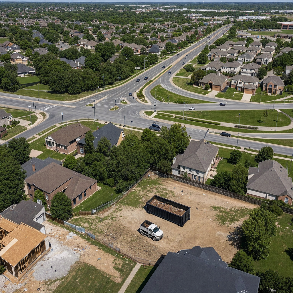 An overhead documentary view of the Independence metro area at midday, showing the spread of neighborhoods, arterial roads, and the dispatch radius from a central yard — clean daylight, organized geographic layout.