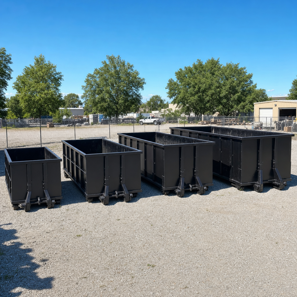 A clean lineup of matte-black roll-off dumpsters in 10, 20, 30, and 40-yard sizes staged on a sunlit gravel yard in Independence, showing the size progression from compact to commercial-scale containers.