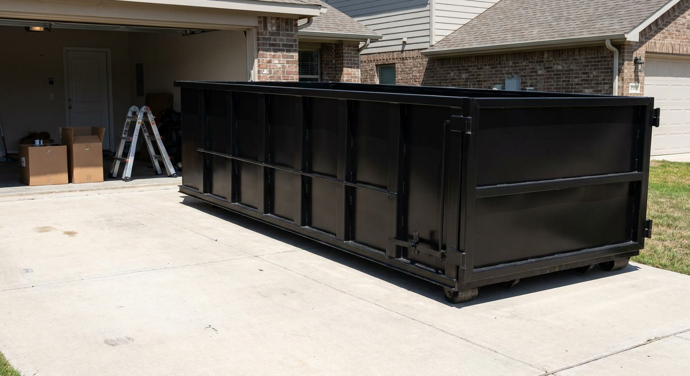 A matte-black 10-yard roll-off dumpster sitting directly on a residential Independence concrete driveway, mid-day sunlight, clean and ready for a garage cleanout.