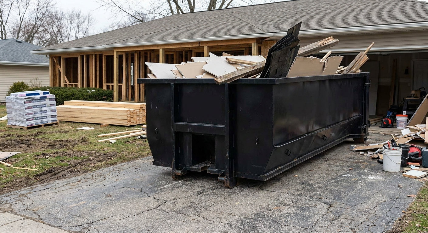 A matte-black 20-yard roll-off dumpster placed alongside a mid-renovation Independence home directly on the asphalt driveway, with framing materials and torn-off shingles staged neatly nearby.