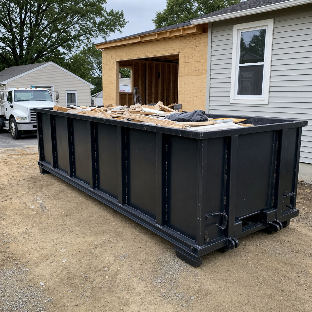 A matte-black 30-yard roll-off dumpster positioned at a Independence residential addition jobsite, with framing lumber and drywall scraps loaded through the open swinging rear doors.