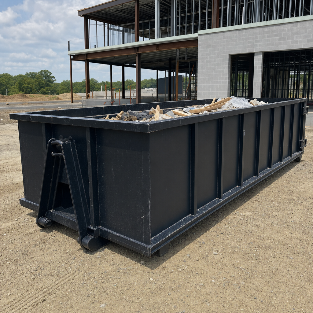 A matte-black 40-yard roll-off dumpster staged on a large Independence commercial construction lot, with a hooklift delivery truck parked alongside under bright midday sky.