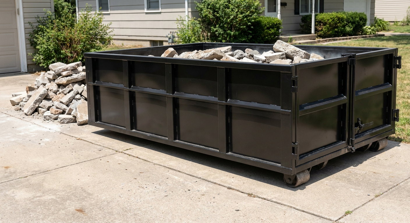 A matte-black low-side heavy-debris roll-off dumpster placed directly on a Independence concrete driveway, with broken concrete chunks neatly stacked beside it under clean daylight.